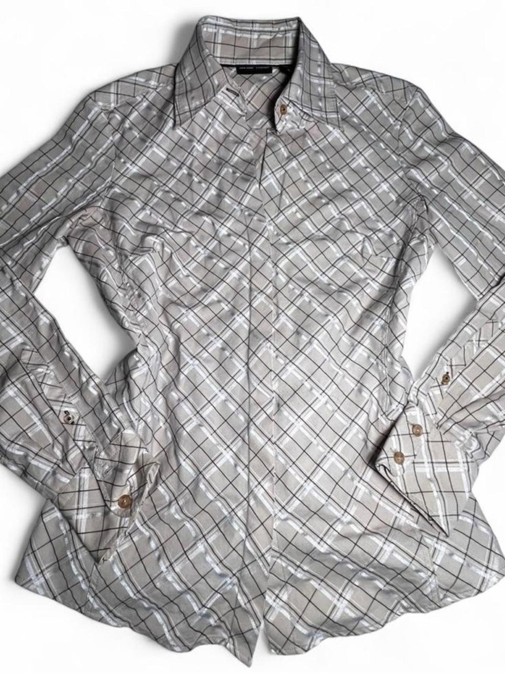 New York & Company Women’s Plaid Button-Down Shirt - Tan, Brown, white